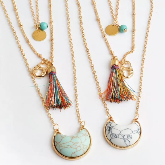 Triple Layer Turquoise Boho Tassle Chain Necklace - Picture 2 of 5